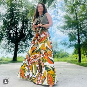 Cato Vibrant Flowy Tropical Satin Extra Wide Leg Palazzo Pants Green Orange M